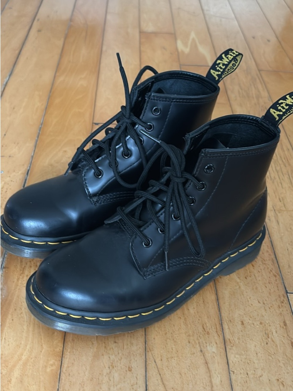 Dr. Martens Black Leather Lace-Up Ankle Boots with Yellow Stitching